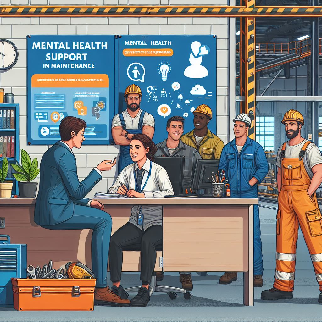 saude mental em manutenção com um psiquiatra, um consultório em obra, trabalhadores no local e difer